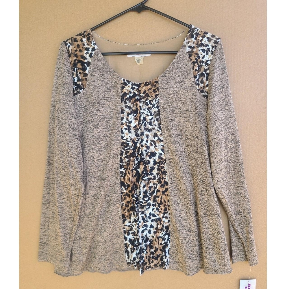 Allison Daley Taupe Long-Sleeve Top with Leopard Print Panel